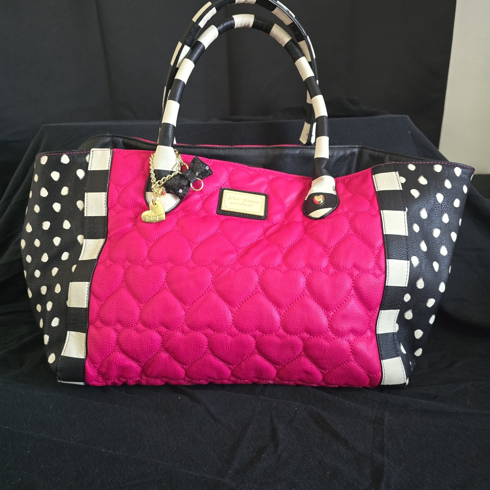 Betsey Johnson Pink and Black Quilted Tote with Gold Accents